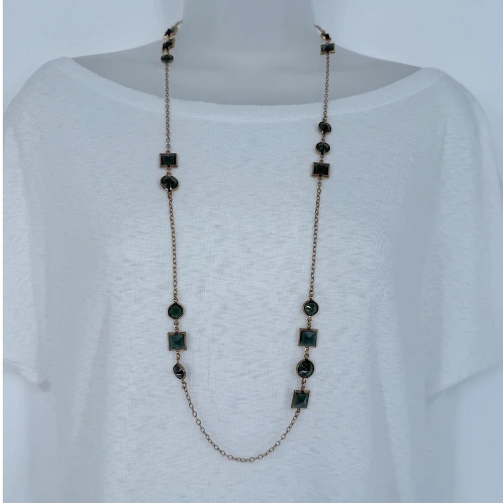 J.Crew Long Necklace‎ Gold Tone Emerald Green Geometric Resin Stones 103-37